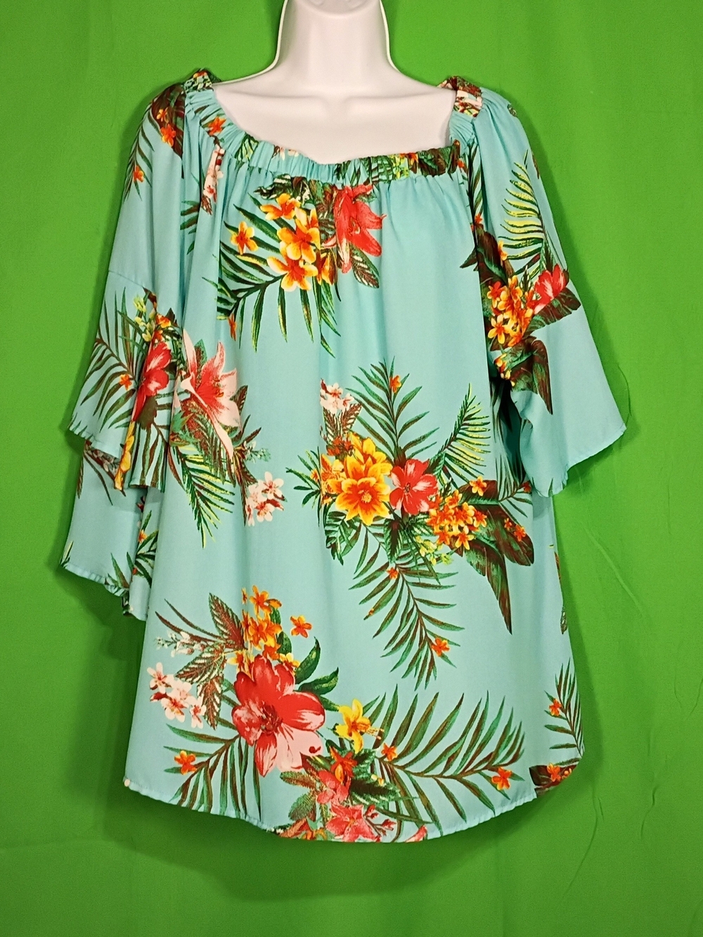 She + Sky Aqua Tropical Floral Off-Shoulder Tunic